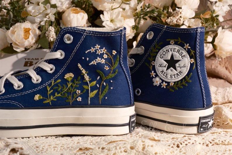 Custom Converse Embroidered Shoes,1970s Converse Chuck Taylor,Converse Custom Small Flower/Small Flower Embroidery image 1