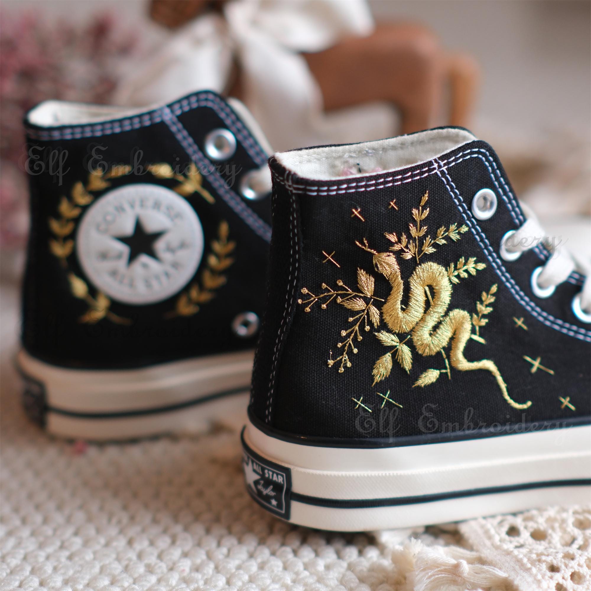 Custom Embroidered Snake Converse 1970s - Gold Floral Shoes