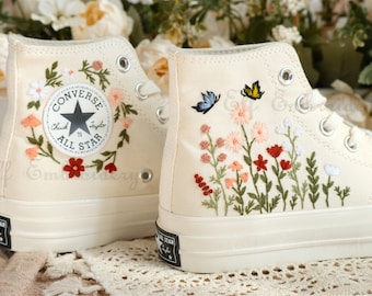 Embroidered Converse 1970s Chuck Taylor Shoes: Butterfly & Floral Design