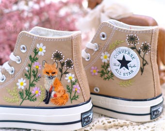 Custom Fox Embroidered Sneakers,1970s Converse Chuck Taylor,Converse Custom Pet/Animal Embroidery Gift