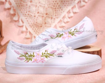 Pink Floral Embroidery Embroidered Sneakers Custom Vans Shoes Floral Embroidery