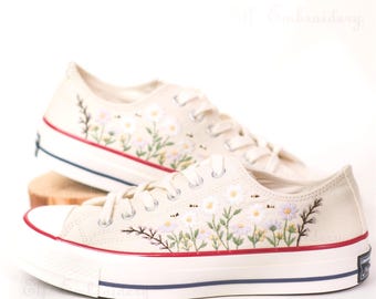 Converse Small Flower Embroidered Shoes,Low Top Flats,Converse Customized Butterfly Flower/Small Flower Botanical Embroidery