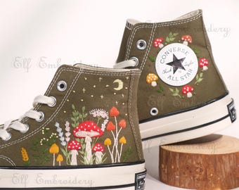 Custom Embroidered Mushroom Converse 1970s Chuck Taylor Shoes