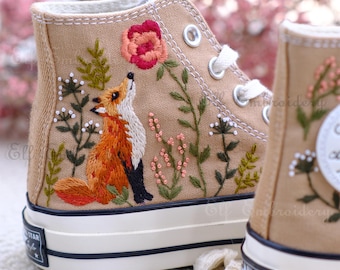 Custom Fox Embroidered Sneakers,1970s Converse Chuck Taylor,Converse Custom Pet/Animal Embroidery Gift