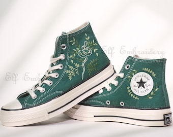 Custom Embroidered Green Converse Chuck Taylor 1970s: Snake & Floral Design