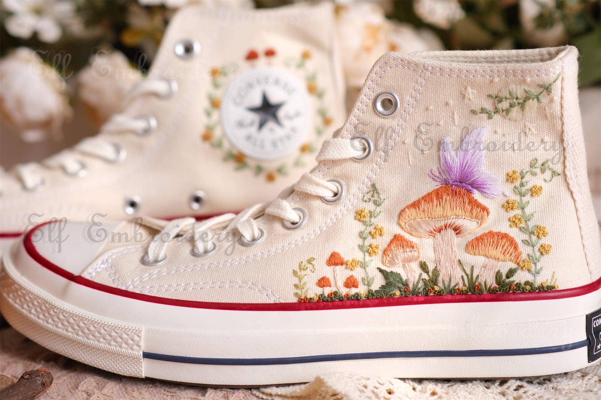 Converse Butterfly Mushroom Embroidered Shoes 1970s Converse Chuck Taylor converse Custom Butterfly small Flower Mushroom Embroidery Etsy