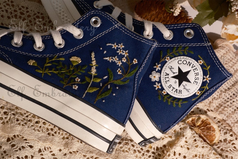 Custom Converse Embroidered Shoes,1970s Converse Chuck Taylor,Converse Custom Small Flower/Small Flower Embroidery image 3