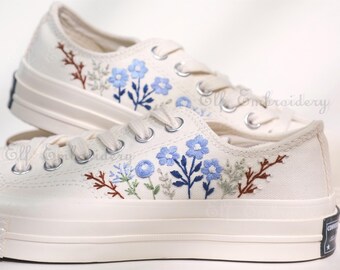 Low-top blue floral embroidery sneakers Personalized date and name Handcrafted Gift for enthusiasts