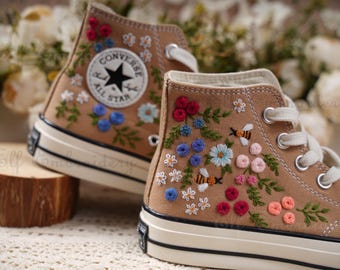 Custom Embroidered Converse 1970s: Bee & Floral Design