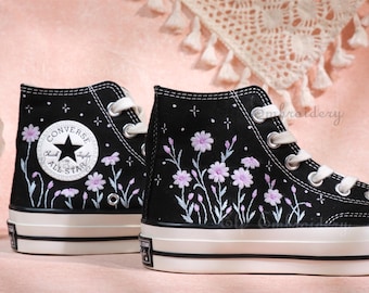 Custom Purple Floral Embroidery Converse Sneakers / Christmas Wedding Gift / Small Flower Embroidery