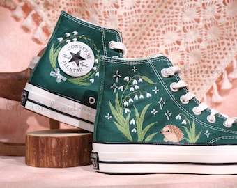 Custom Fall/Winter Hedgehog Embroidered Converse Shoes 1970s Converse Chuck Taylor Style Converse Custom Small Flower/Floral Embroidery