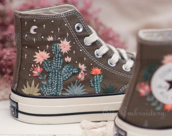 Custom Embroidered Cactus Converse 1970s Chuck Taylor Shoes