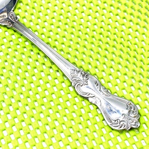 Può includere: Un cucchiaio d'argento con un manico decorato e dettagliato. Il manico presenta un motivo floreale ed è lucidato a specchio.