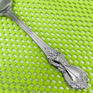 Può includere: Un cucchiaio d'argento con un manico decorato e dettagliato. Il cucchiaio è su uno sfondo verde.