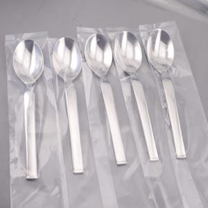 Könnte beinhalten: Fünf einzelne silberfarbene Metalllöffel, die jeweils in einer eigenen durchsichtigen Kunststoffhülle verpackt sind. Die Löffel haben eine glatte, reflektierende Laffe und einen flachen, geraden Stiel mit einem quadratischen Ende.
