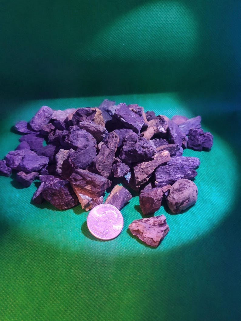 May include: A pile of dark purple and brown rocks with a quarter coin on a green background. The rocks vary in size and shape, with rough, textured surfaces. The coin is silver and shows a profile of a person.