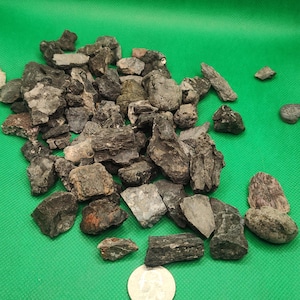 May include: A collection of various dark gray and brown rough-cut rocks, with a quarter coin for size comparison, against a green background. The rocks vary in size and shape, with some appearing more elongated.