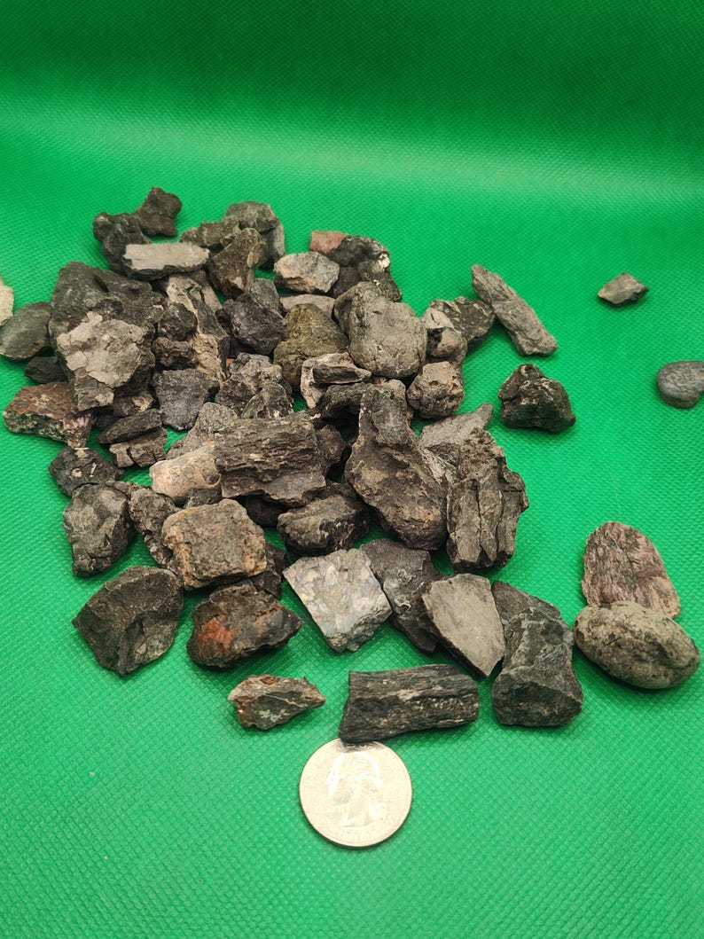 May include: A collection of various dark gray and brown rough-cut rocks, with a quarter coin for size comparison, against a green background. The rocks vary in size and shape, with some appearing more elongated.