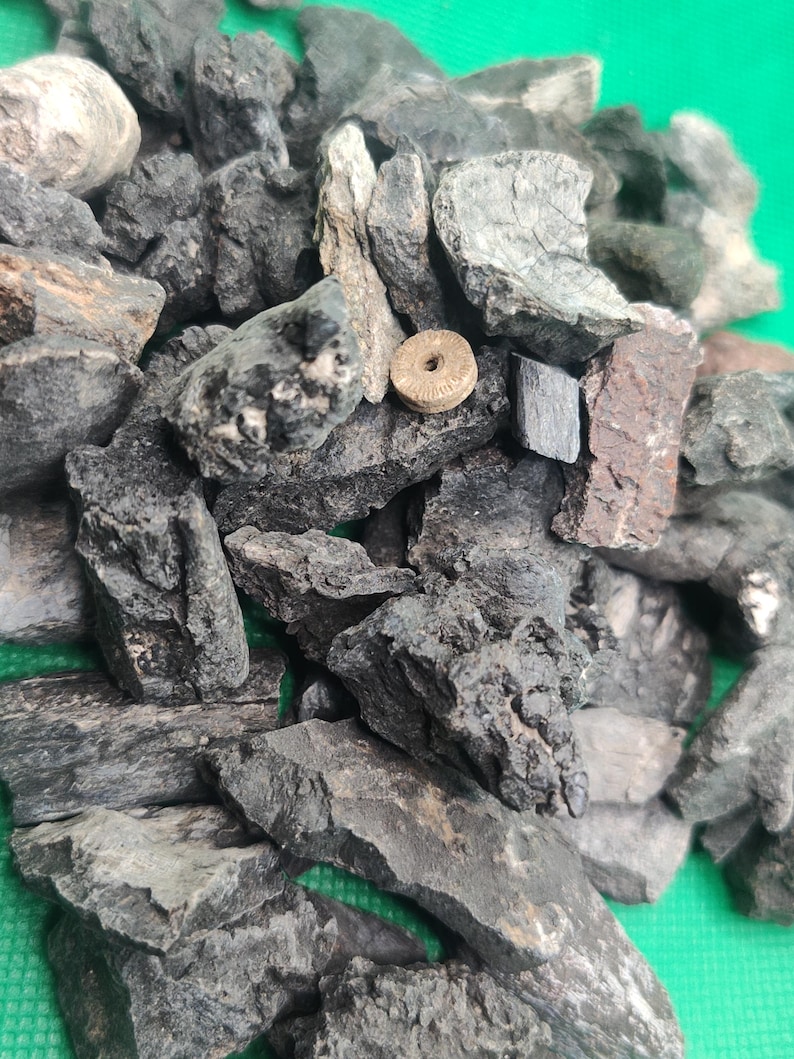 May include: A collection of dark gray and black rocks of varying sizes and shapes, with a small, round, tan-colored object in the center. The rocks have rough, textured surfaces. The background is a solid green color.