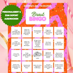 Pu&ograve; includere: Un biglietto di bingo per addio al nubilato con sfondo arancione e rosa con stelle. Il biglietto presenta compiti divertenti in tedesco. Il testo "Braut Bingo" &egrave; in evidenza.