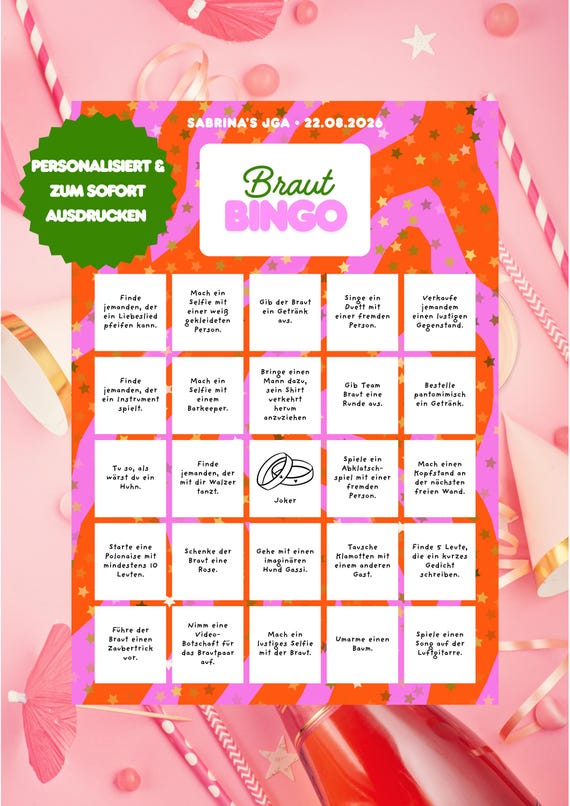 Braut Bingo Personalisiert - Lustiges JGA Spiel für den Junggesellinnenabschied - Aufgaben Bingo für die Brautparty