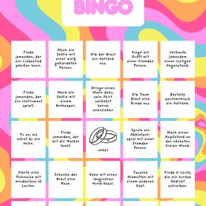 May include: A colorful Braut Bingo game board with various challenges for a bridal party. The board features a pink and blue swirled background and white squares with instructions in German. The word "Braut Bingo" is at the top.
