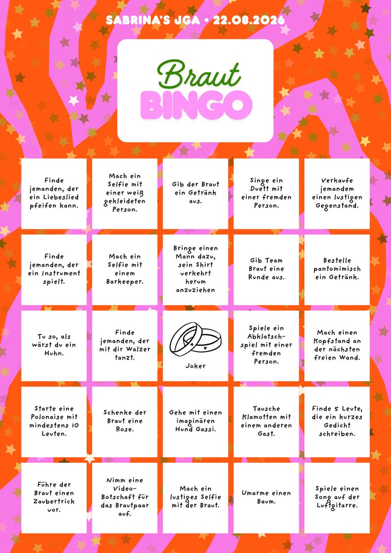 Pu&ograve; includere: Una colorata scheda del bingo con il titolo "Braut Bingo" in verde. La scheda presenta vari compiti e sfide divertenti, perfetti per un addio al nubilato. Lo sfondo &egrave; un mix di arancione, rosa e oro.