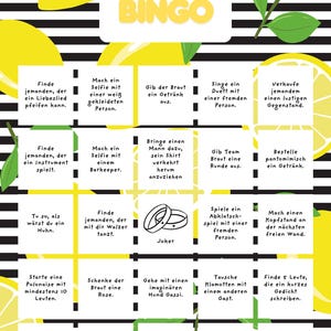 Puede incluir: Una tarjeta de juego Braut Bingo blanca y amarilla con texto negro y un dise&ntilde;o de lim&oacute;n y hojas. La tarjeta tiene varios desaf&iacute;os y actividades para una despedida de soltera.