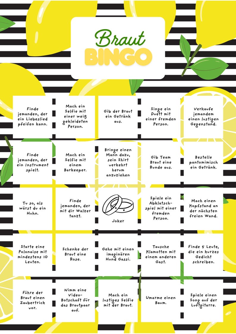 Puede incluir: Una tarjeta de juego Braut Bingo blanca y amarilla con texto negro y un dise&ntilde;o de lim&oacute;n y hojas. La tarjeta tiene varios desaf&iacute;os y actividades para una despedida de soltera.