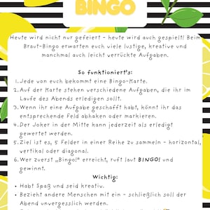 Puede incluir: Una tarjeta decorativa con el texto "Braut Bingo" en verde, sobre un fondo amarillo y negro con ilustraciones de limones. Se proporcionan instrucciones en alem&aacute;n para jugar.