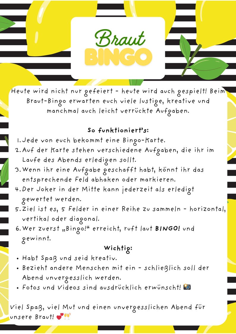 Puede incluir: Una tarjeta decorativa con el texto "Braut Bingo" en verde, sobre un fondo amarillo y negro con ilustraciones de limones. Se proporcionan instrucciones en alem&aacute;n para jugar.