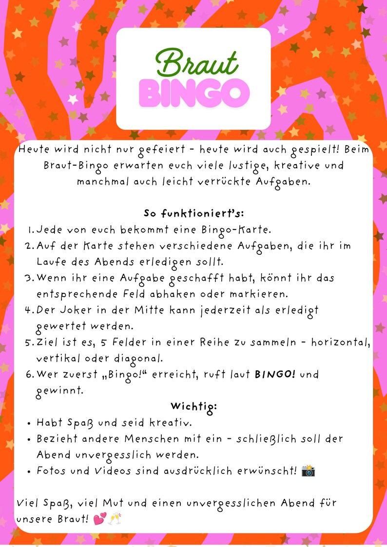 Pu&ograve; includere: Una colorata scheda di gioco Braut Bingo con sfondo rosa e arancione, con testo in tedesco. La scheda include istruzioni e regole per giocare, con un titolo verde "Braut BINGO".
