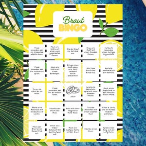 Puede incluir: Una colorida tarjeta de juego Braut Bingo con un fondo de limones y rayas blancas y negras. La tarjeta presenta varias tareas y desaf&iacute;os divertidos para una despedida de soltera, con texto en alem&aacute;n.