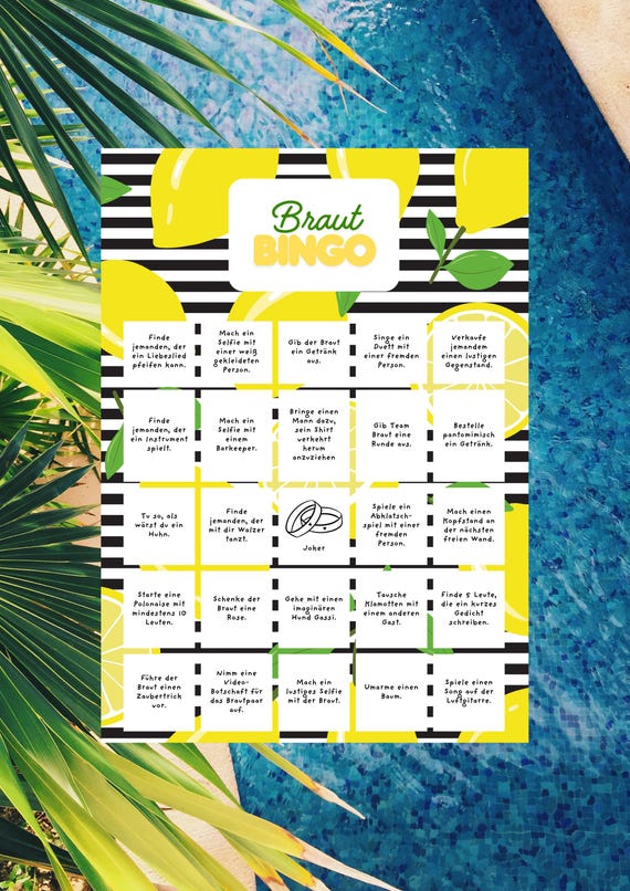 Braut Bingo Zitrone - Lustiges JGA Spiel für den Junggesellinnenabschied - Aufgaben Bingo für die Brautparty