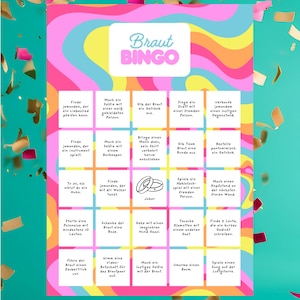 May include: A colorful Braut Bingo game board with a retro design. The board features various fun tasks and challenges for a bridal party, with the word "Braut Bingo" at the top. Confetti is scattered around the board.