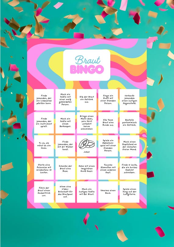 Braut Bingo Candyland - Lustiges JGA Spiel für den Junggesellinnenabschied - Aufgaben Bingo für die Brautparty