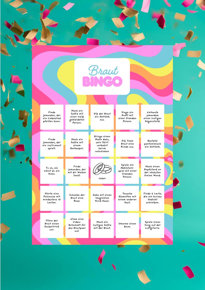 May include: A colorful Braut Bingo game board with a retro design. The board features various fun tasks and challenges for a bridal party, with the word "Braut Bingo" at the top. Confetti is scattered around the board.