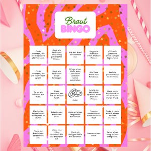 Puede incluir: Una tarjeta de juego Braut Bingo rosa y naranja con un diseño de estrellas y rayas de cebra. La tarjeta presenta varias tareas y desafíos divertidos para una despedida de soltera, escritos en alemán. Incluye un fondo rosa con decoraciones de fiesta.