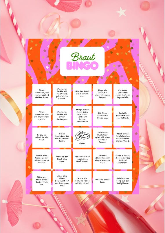 Braut Bingo - Lustiges JGA Spiel für den Junggesellinnenabschied - Aufgaben Bingo für die Brautparty