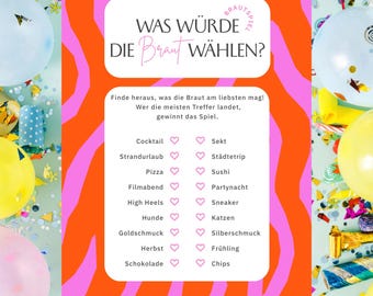 Brautspiel "Was würde die Braut wählen?" - JGA Spiel zum Ausdrucken - Junggesellinnenabschied Spiel - Gioco di addio al nubilato