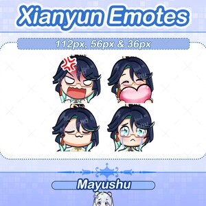 May include: Four different animated emotes featuring a character with blue hair, glasses, and a green outfit. The emotes are 112px, 56px & 36px. The text "Xiayun Emotes" and "Mayushu" are also visible.