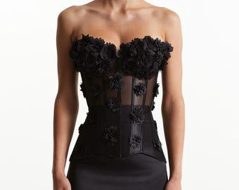 Black overbust corset - Flower bustier - Custom lace up top
