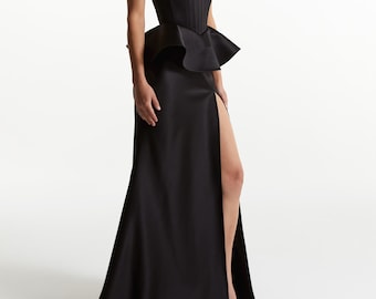Elegant A-line Black Satin Dress Structured Corset Top, Draped Neckline, Long Formal Gown - Etsy Elegant A-line Black Satin Dress Structured Corset Top, Draped Neckline, Long Formal Gown - Etsy