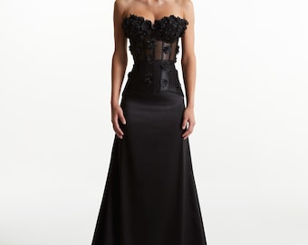 Black floral lace corset with long satin skirt, two piece dress