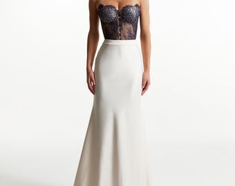 Conjunto de corsé de noche de dos piezas / Bustier de encaje morado / Falda de satén blanca / Traje formal para evento