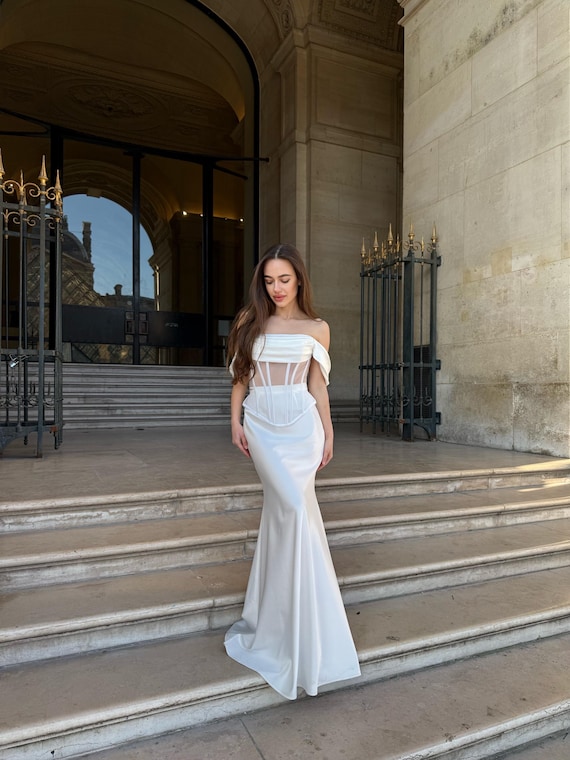 white corset off the shoulder dress White Off-Shoulder Satin Corset Top: Bridal Wedding Gown
