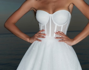 Tulle Mini Wedding Dress - White Sequin Tulle Dress