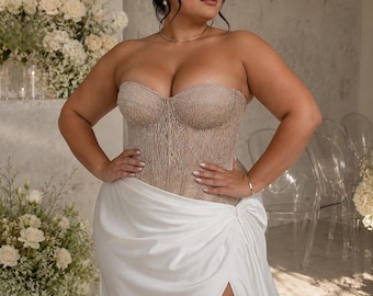 Top corsé de lentejuelas beige talla grande – Top corsé de novia con cuentas