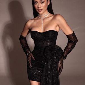 Sparkly Black Two Piece Dress - Glitter Corset Top & Sequin Mini Skirt - Perfect Outfit for Birthday or Wedding Guest, Special Occasion