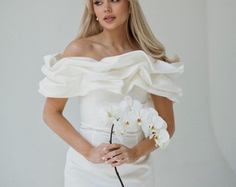 Short Wedding Dress - Off-the-Shoulder Elopement Dress - Romantic Engagement Dress - White Summer Bridal Dress